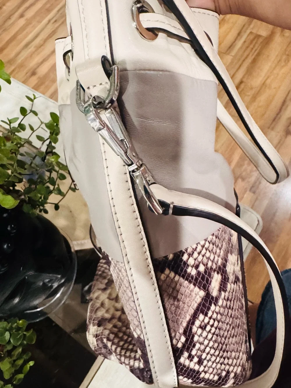 Michael Kors women’s White Drawstring Bucket Bag with Snake-Print Panel